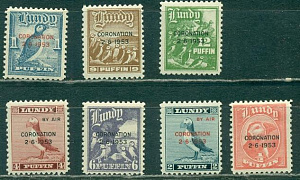 Лунди острова, 1953, Птицы, 7 марок c надпечаткой "Коронация"